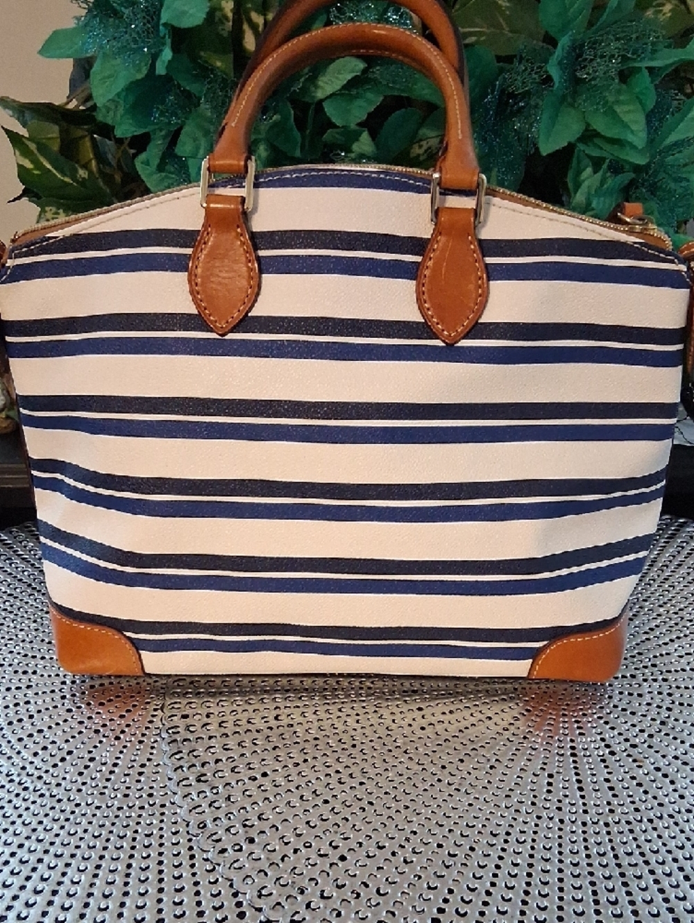Dooney & Bourke Navy and White Striped Tote with Tan Trim - Picture 2 of 7